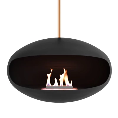 Cocoon Fires Aeris sort lofthængt biopejs med kobberstang – moderne design