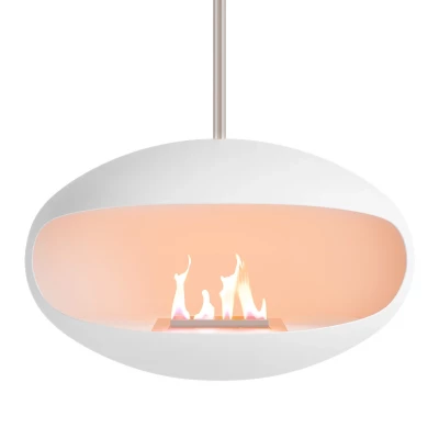 Cocoon Fires Aeris hvid lofthængt biopejs med stålstang – elegant og moderne design