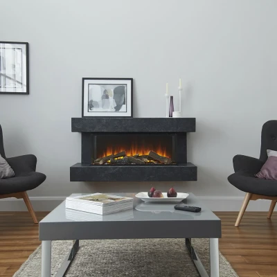 Winchester 1600 Grå Marmor vægmonteret elektrisk pejsesæt med kamintop og bred tre-sidet flammeudsigt