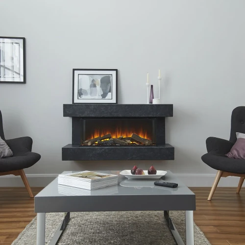 Winchester 870 grå marmor vægmonteret elektrisk pejsesæt med mantel og tre-sidet flammesyn