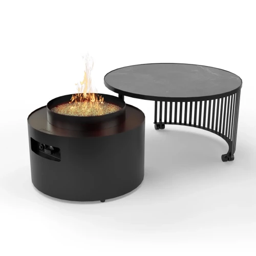 Planika Moon sort fritstående udendørs gaspejsbord med keramisk marmorfinish på bordpladen.